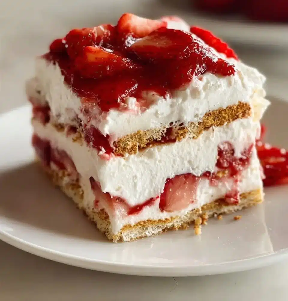 Delicious Strawberry Cream Cheese Icebox Cake served on a plate