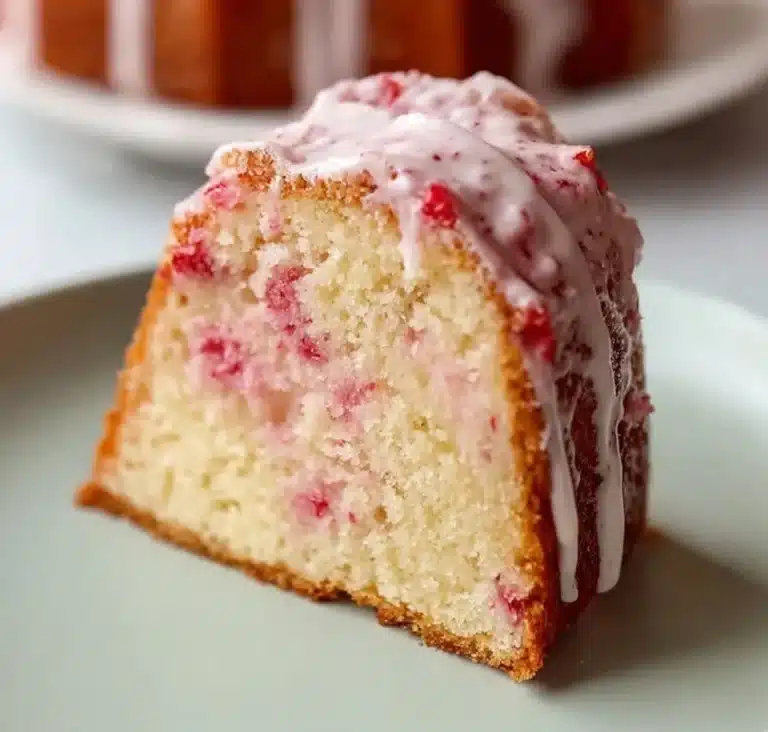 Slice of Strawberry Cream Cheese Pound Cake topped with fresh strawberries