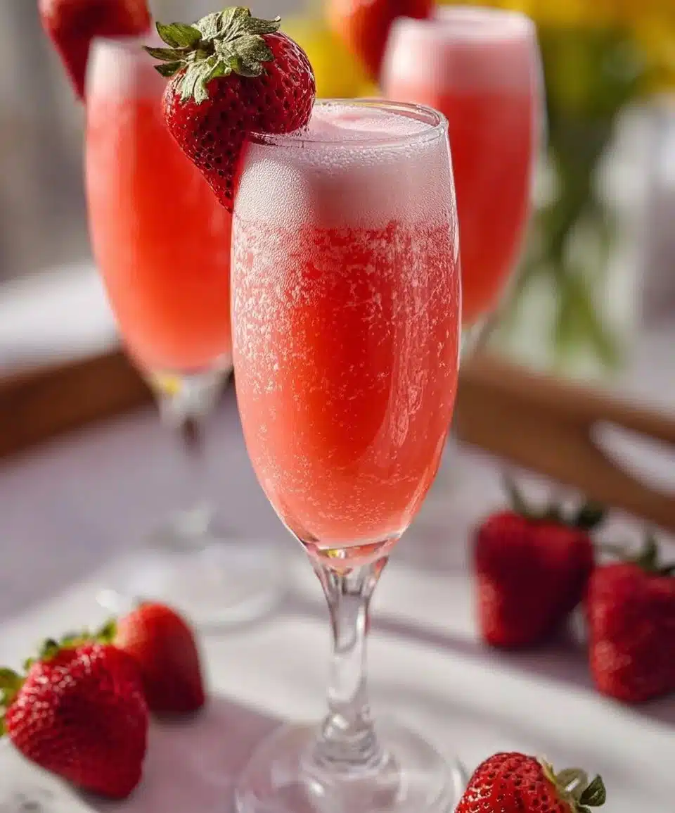 Delicious strawberry cream mimosa served in a glass with fresh strawberries