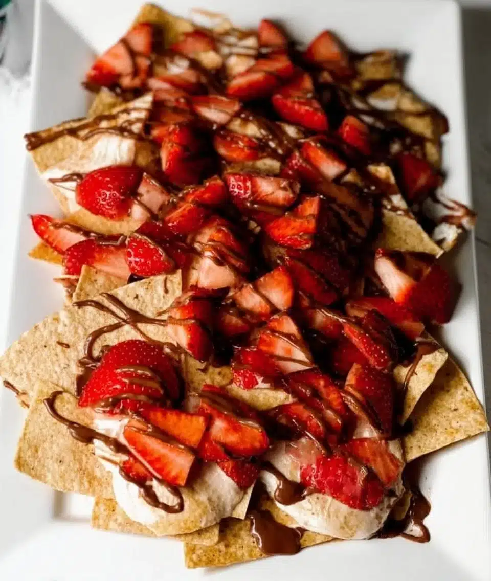 Plate of strawberry nachos topped with cream and chocolate drizzle