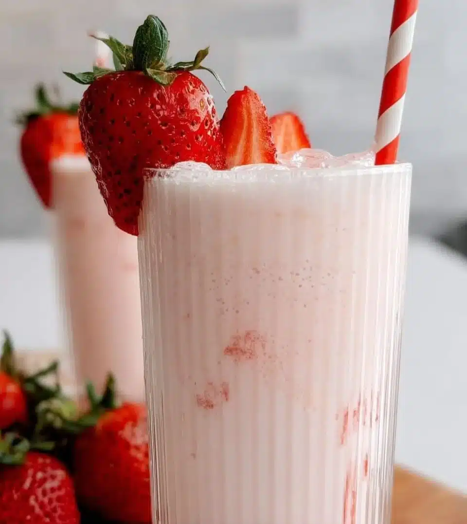 A glass of strawberry horchata garnished with fresh strawberries