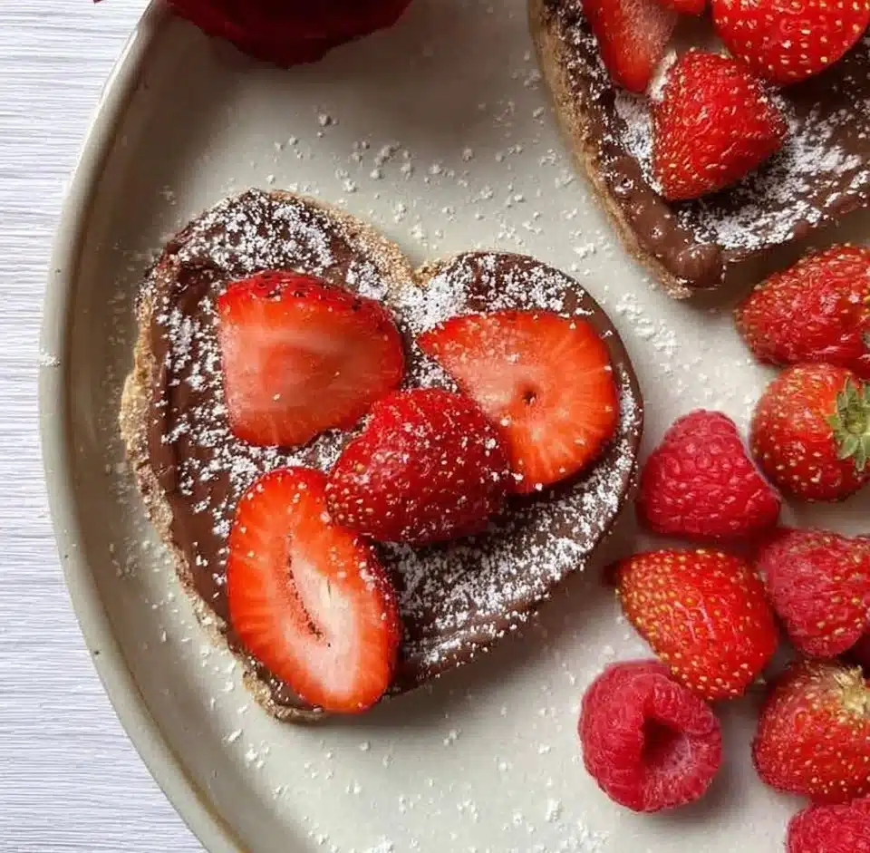 Heart-shaped Strawberry Nutella Toasts with fresh strawberries and Nutella spread