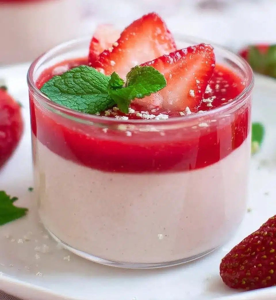 Delicious strawberry panna cotta served with fresh strawberries on top