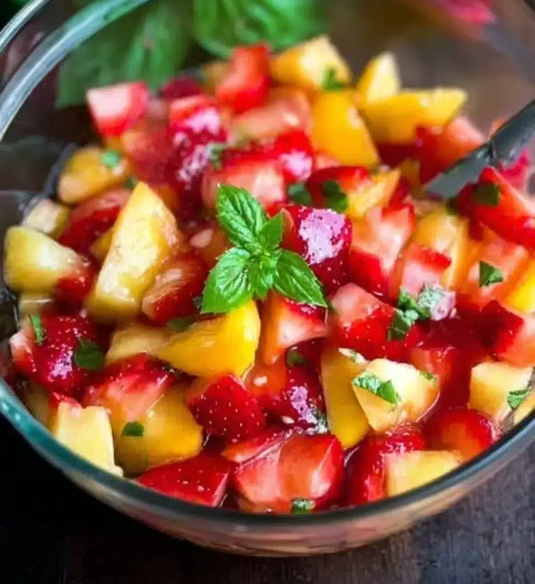 Bowls of strawberry peach fruit salad salsa with fresh fruits and mint garnish