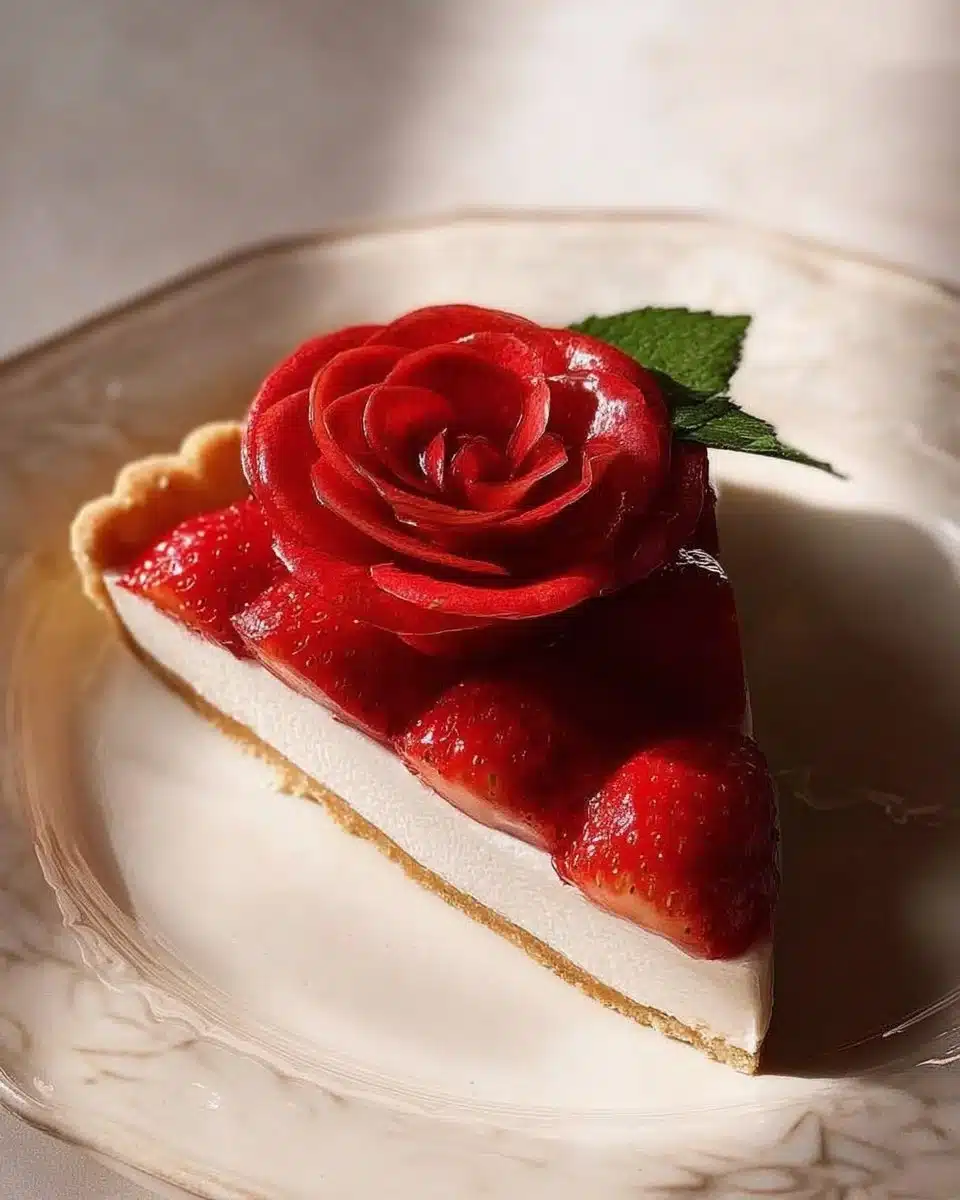 Beautifully arranged strawberry rose tart with fresh strawberries and rose petals.