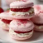 Strawberry Shortcake Macarons stacked beautifully on a plate