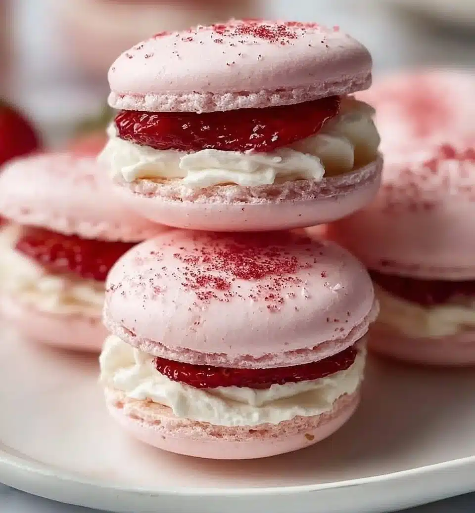 Strawberry Shortcake Macarons stacked beautifully on a plate