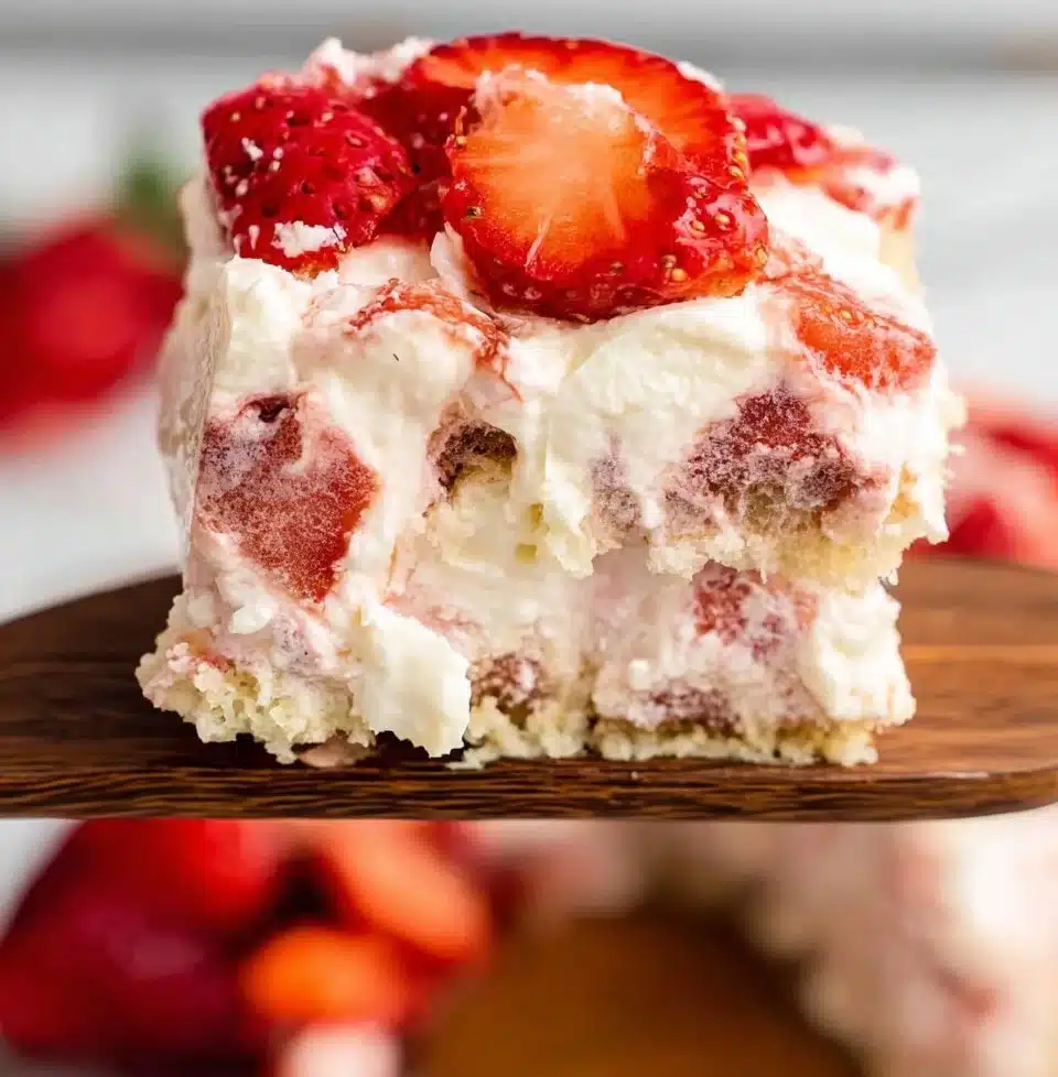 Delicious strawberry tiramisu dessert topped with fresh strawberries