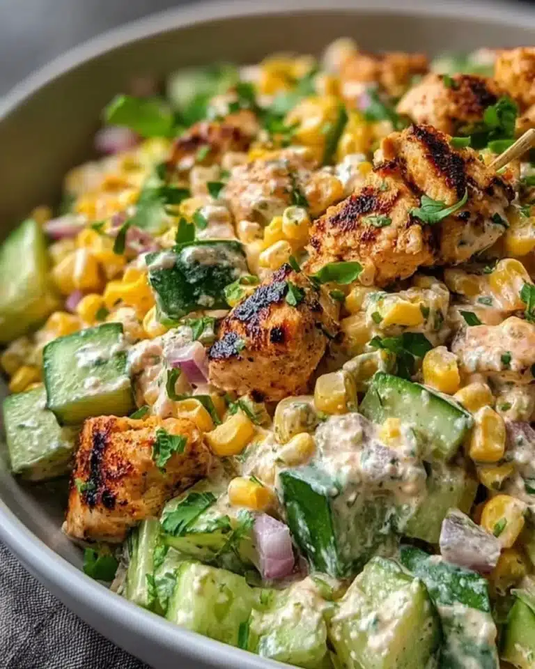 Street Corn Creamy Cucumber Chicken Salad in a bowl