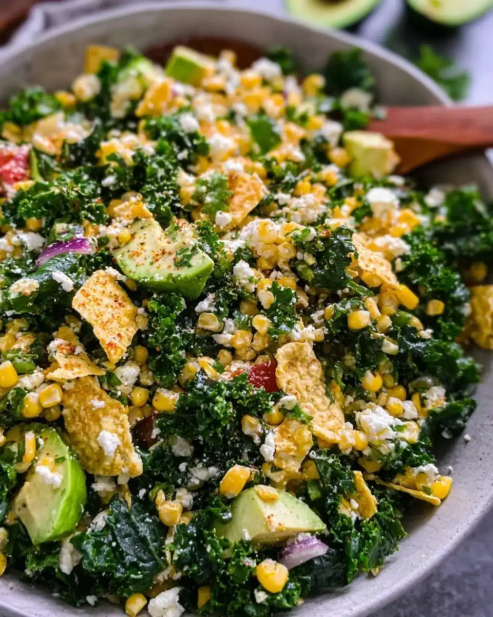 Delicious Street Corn Kale Salad with fresh ingredients and vibrant colors.