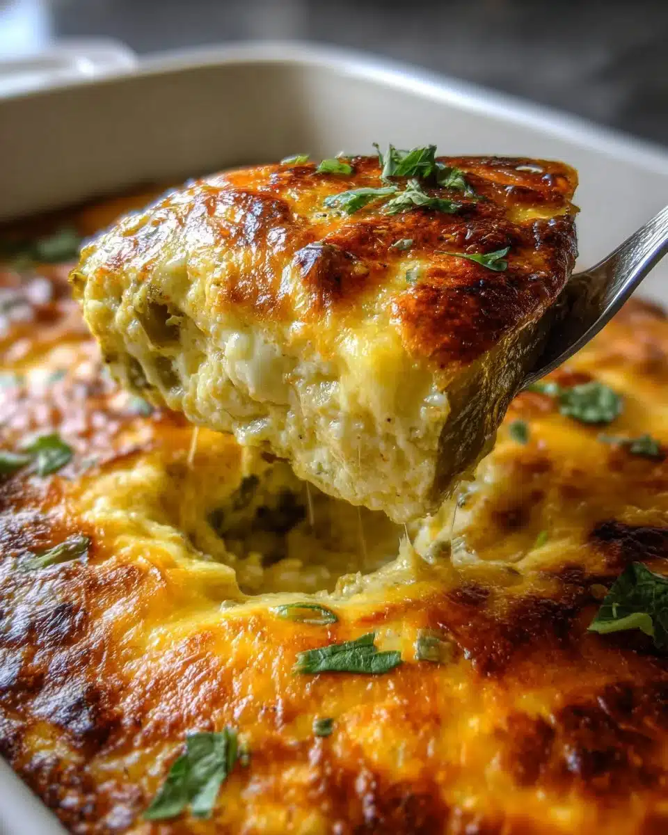 Delicious stuffed chile casserole topped with cheese and fresh herbs