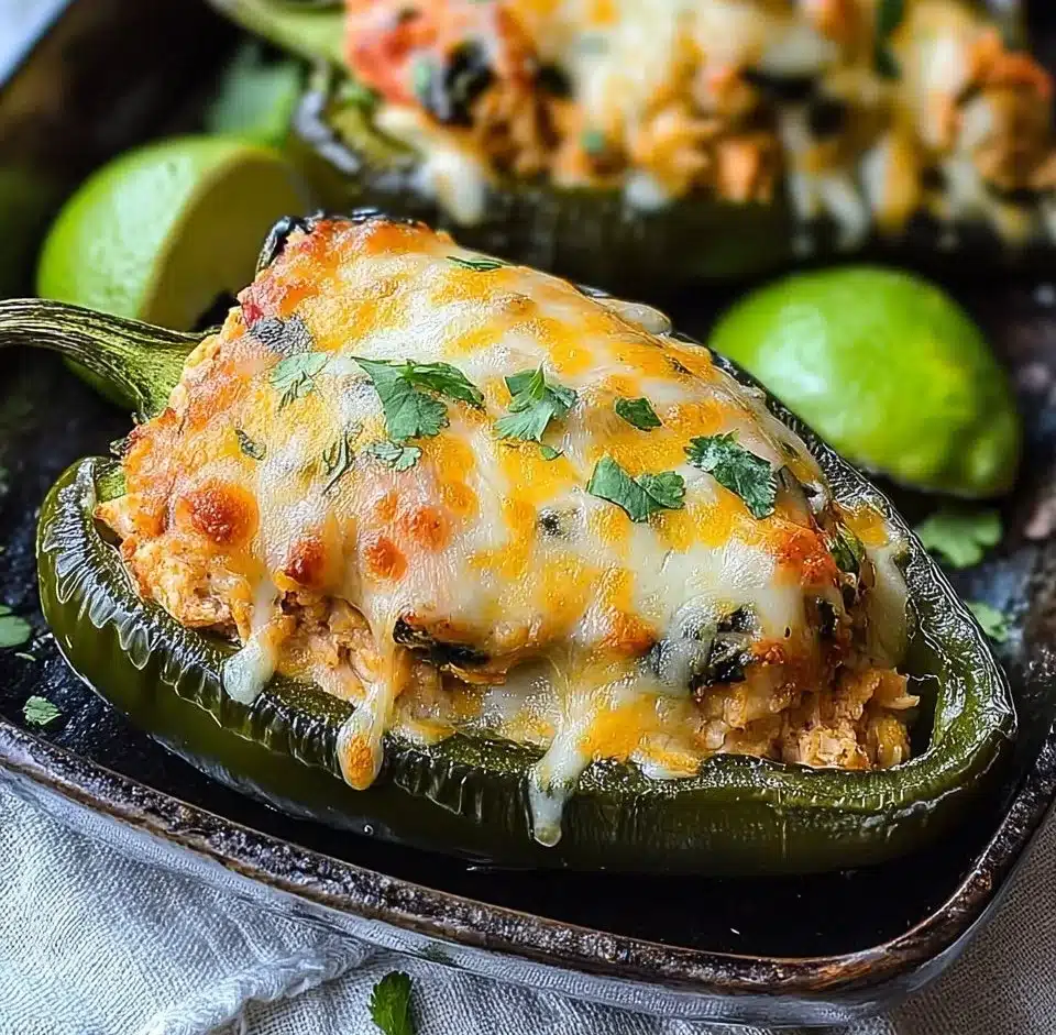 Delicious stuffed poblano peppers filled with savory ingredients and topped with cheese