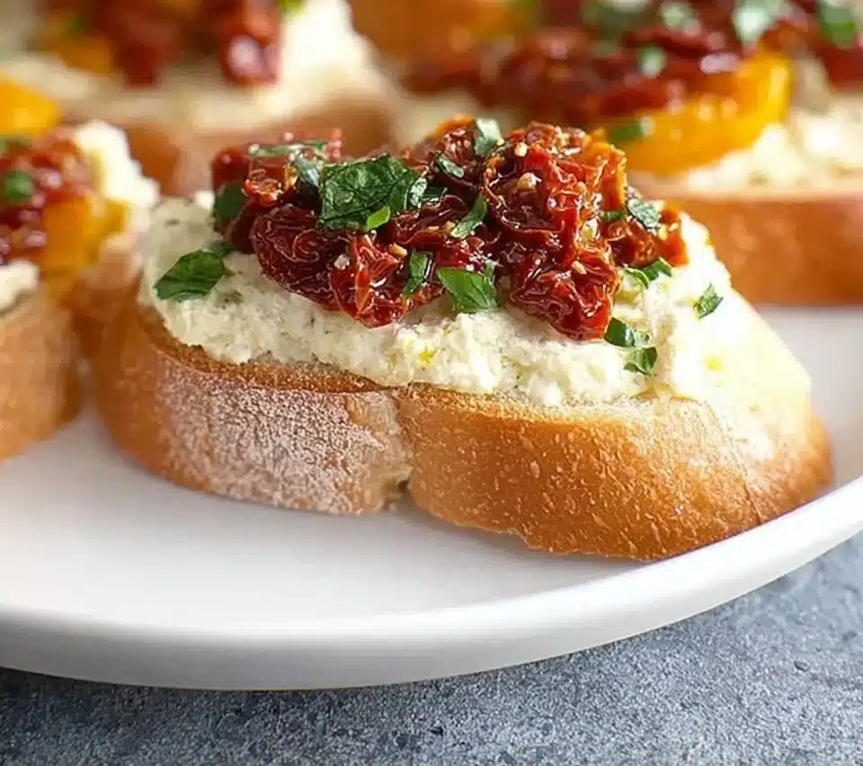 Delicious sun-dried tomato bruschetta appetizer on a rustic wooden table