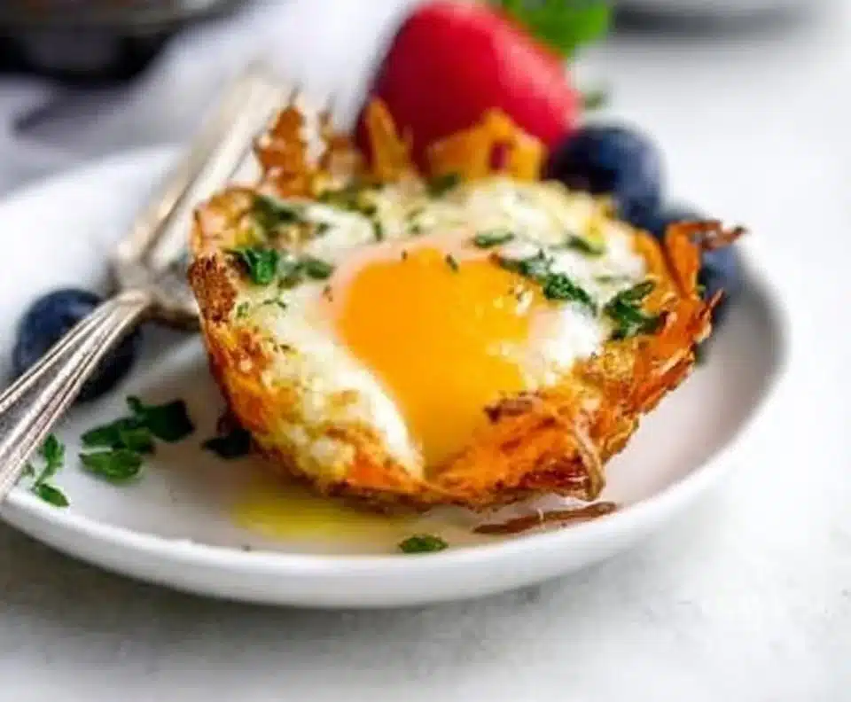 Sweet Potato Hash Baked Egg Cups served on a plate with fresh herbs