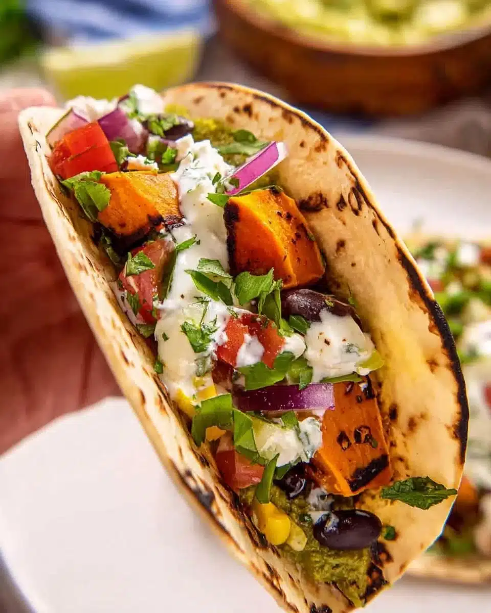Delicious sweet potato tacos topped with fresh ingredients and served on a plate