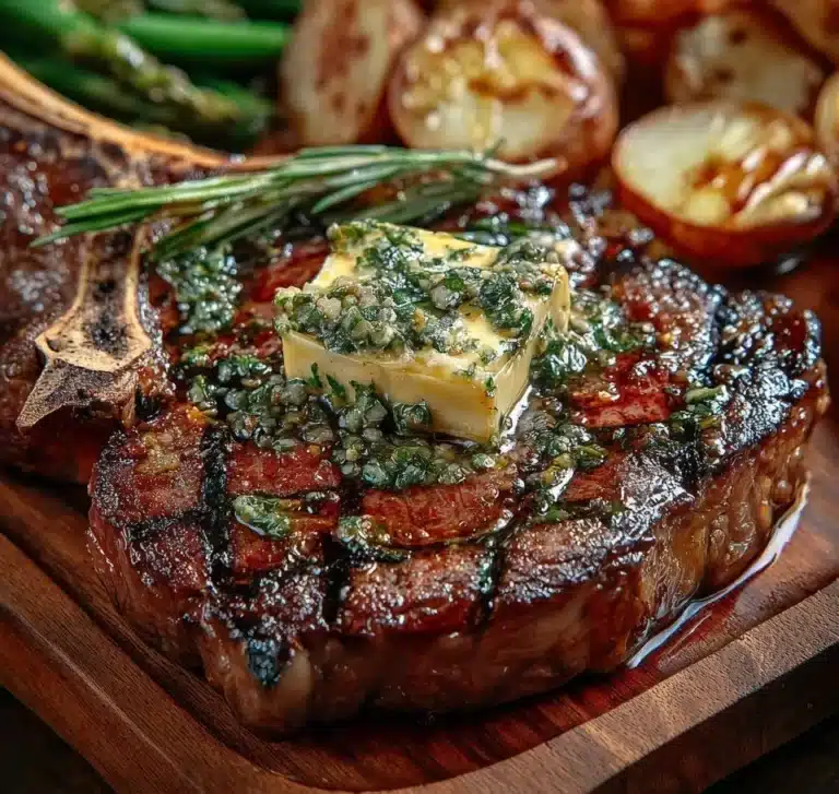 Delicious T Bone Steak served with creamy herb butter on a plate