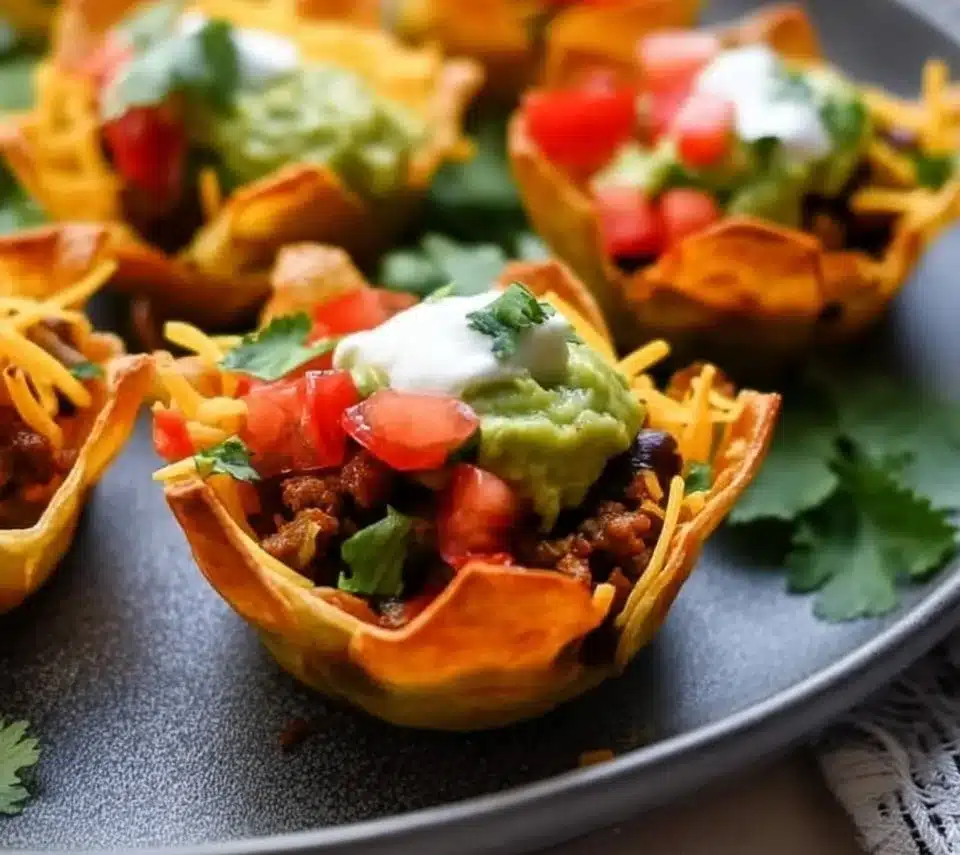 Serving of taco cups with ground beef, toppings, and cheese in crispy shells