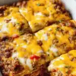 Delicious Taco Lasagna fresh out of the oven, layered with tortilla, beef, and cheese.