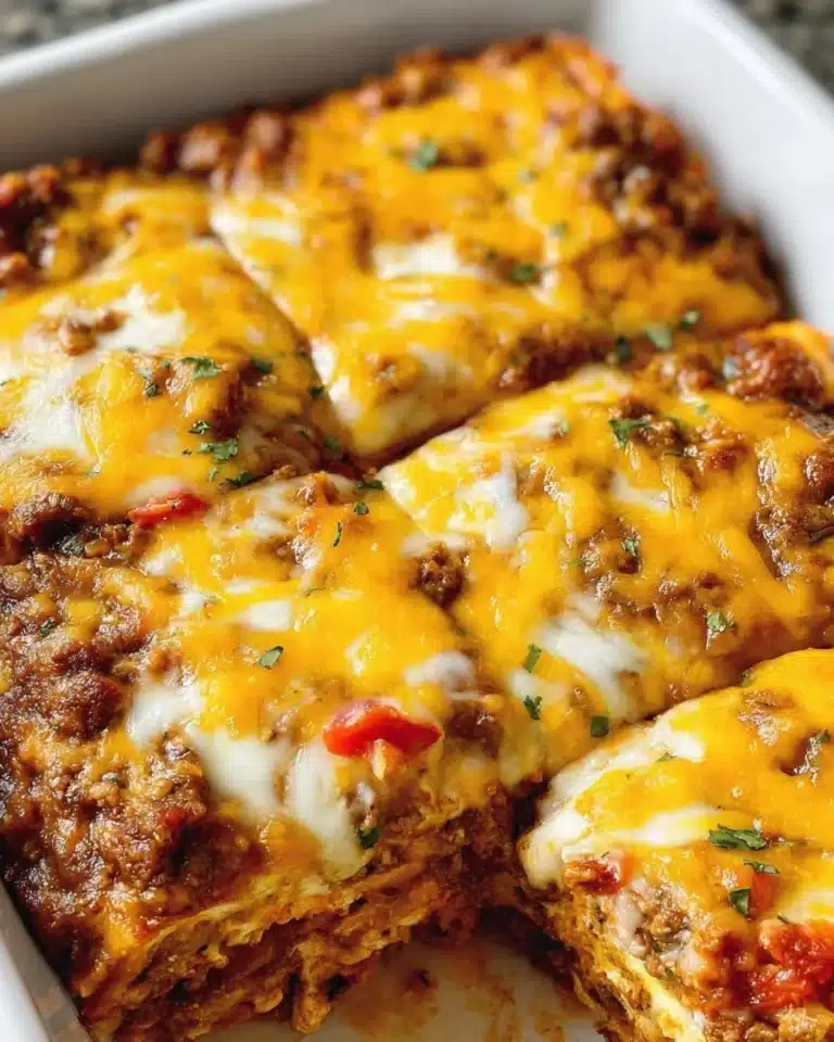 Delicious Taco Lasagna fresh out of the oven, layered with tortilla, beef, and cheese.