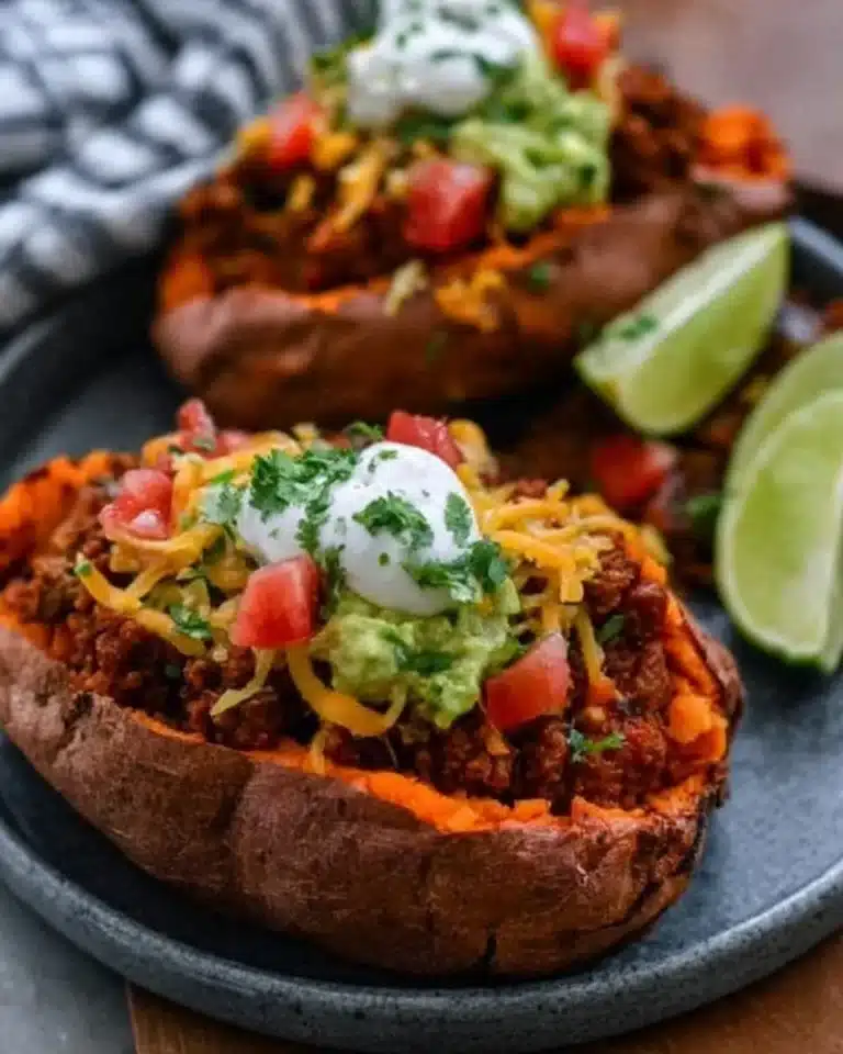 Taco Stuffed Sweet Potatoes topped with cheese and fresh ingredients
