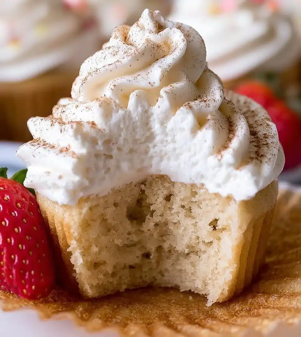Three Milks Cupcakes topped with creamy frosting and fresh berries.