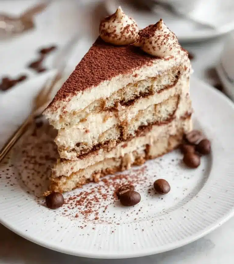 Tiramisu cake topped with mascarpone frosting and cocoa powder, served on a plate.