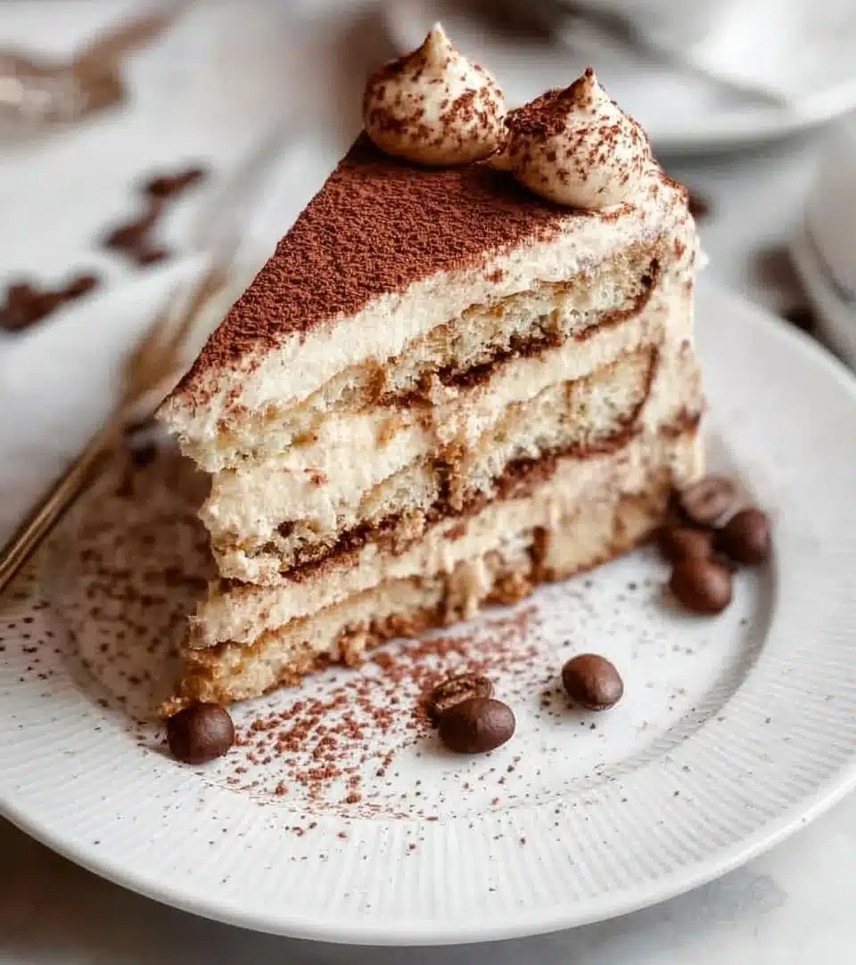 Tiramisu cake topped with mascarpone frosting and cocoa powder, served on a plate.