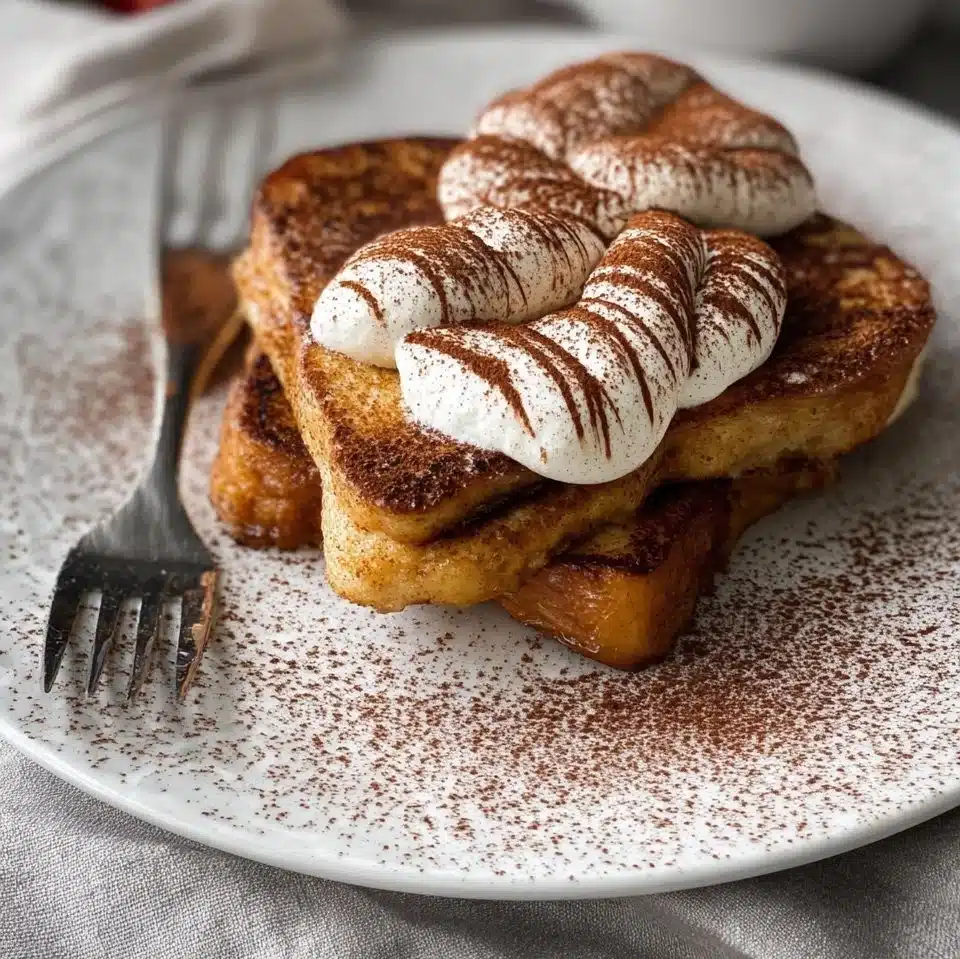 Delicious Tiramisu French Toast topped with cocoa and coffee flavors.