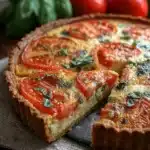 Slice of Tomato Basil Quiche with fresh herbs and tomatoes