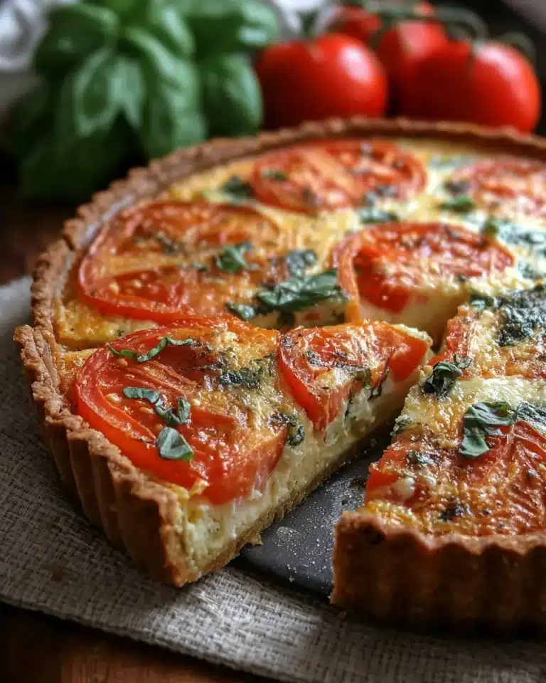 Slice of Tomato Basil Quiche with fresh herbs and tomatoes