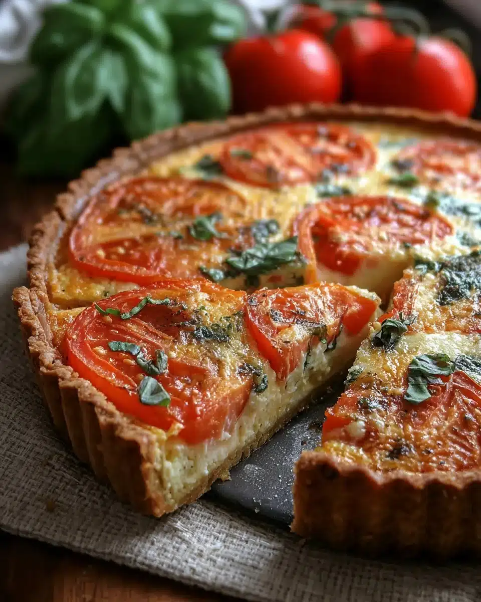 Slice of Tomato Basil Quiche with fresh herbs and tomatoes