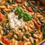 Delicious Tuscan White Bean Skillet served with fresh herbs