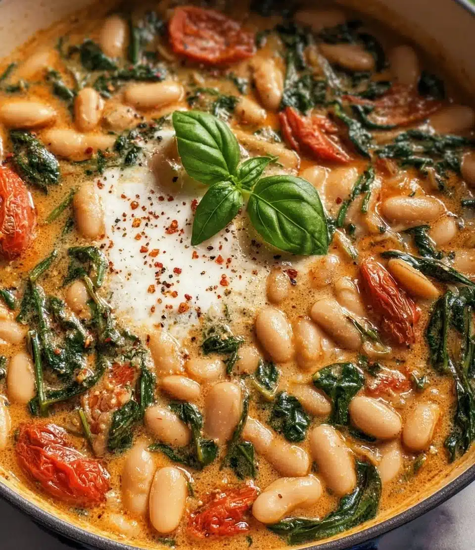 Delicious Tuscan White Bean Skillet served with fresh herbs