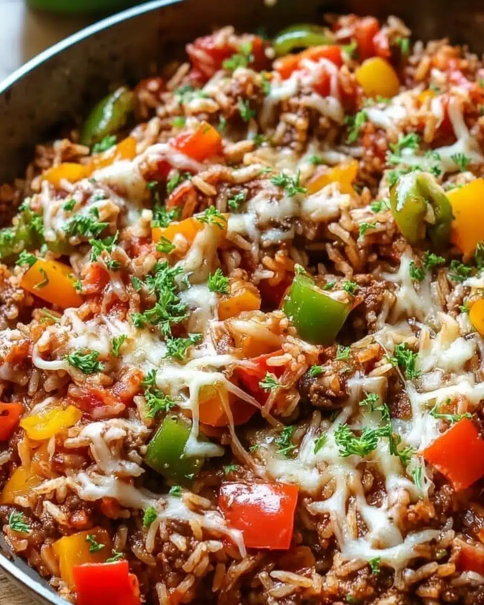 Unstuffed pepper skillet with colorful bell peppers and ground meat in a pan