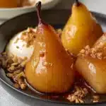Vanilla Bourbon Poached Pears served in a stylish dish