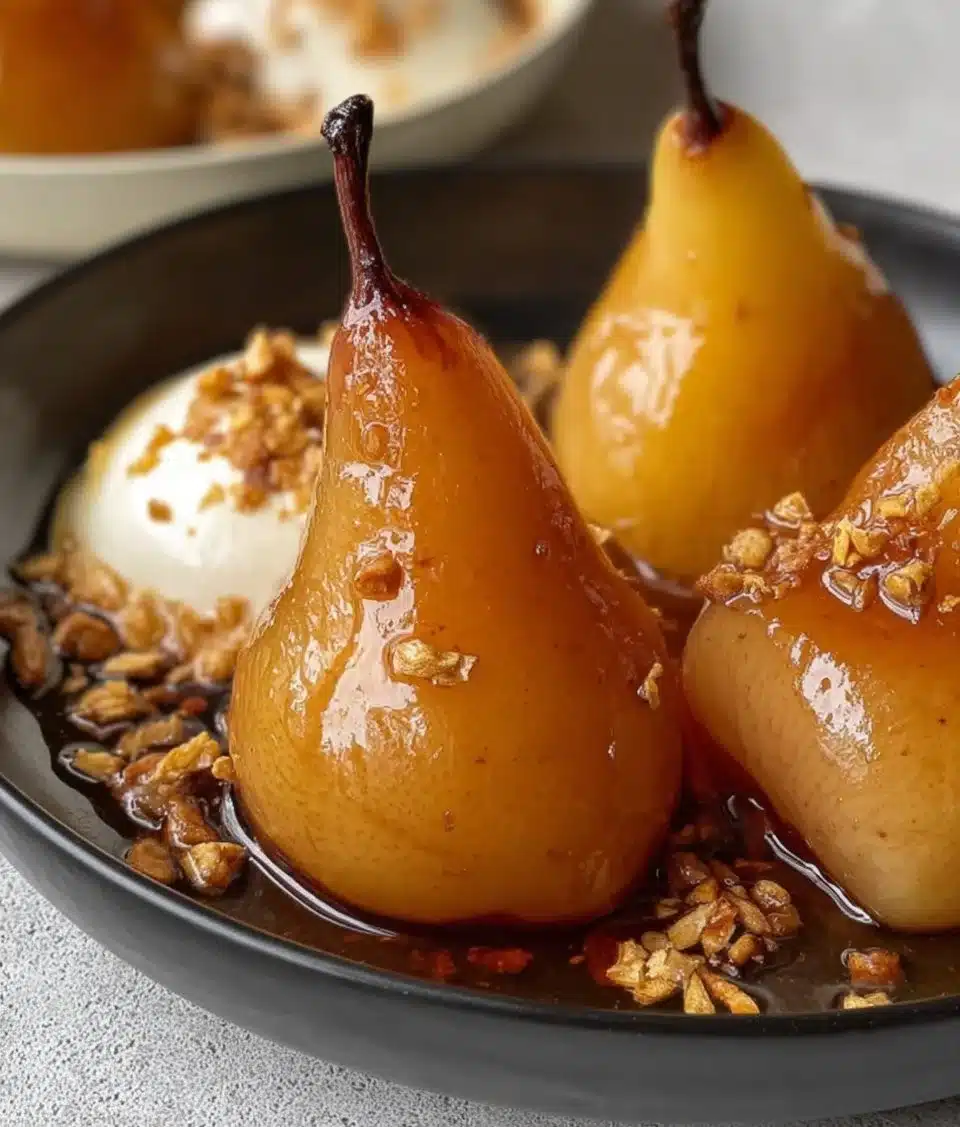 Vanilla Bourbon Poached Pears served in a stylish dish