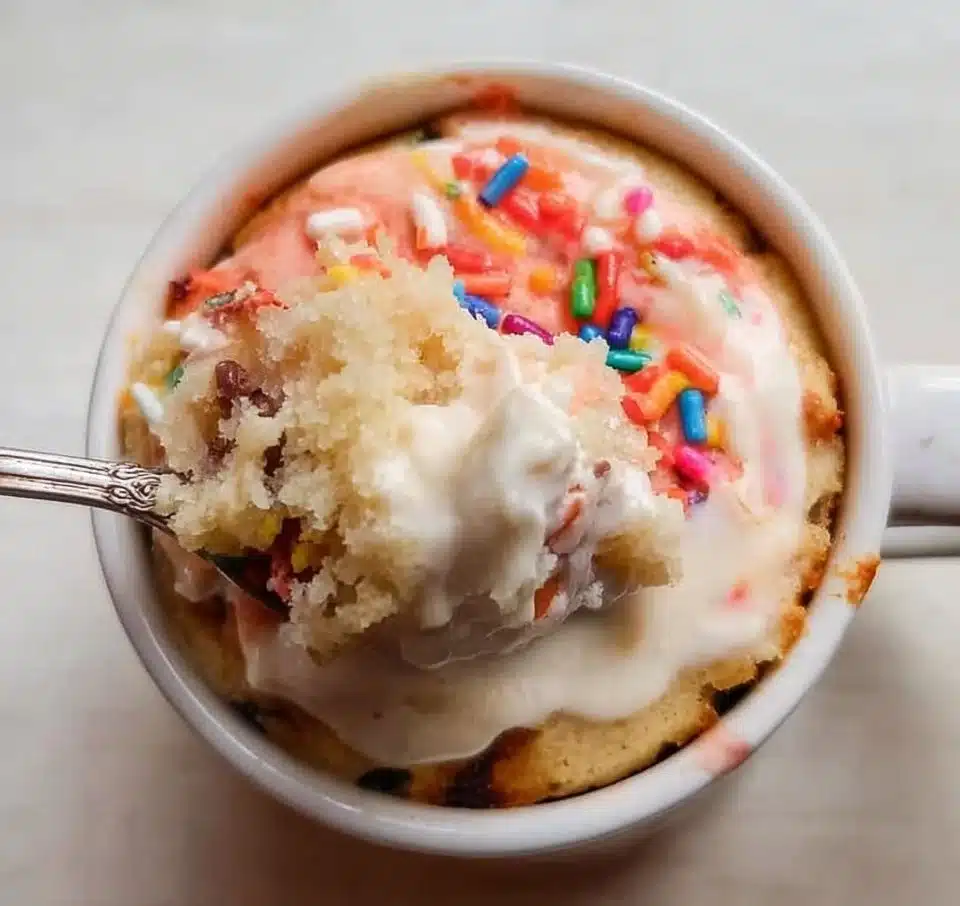 Delicious vanilla mug cake served in a bright mug