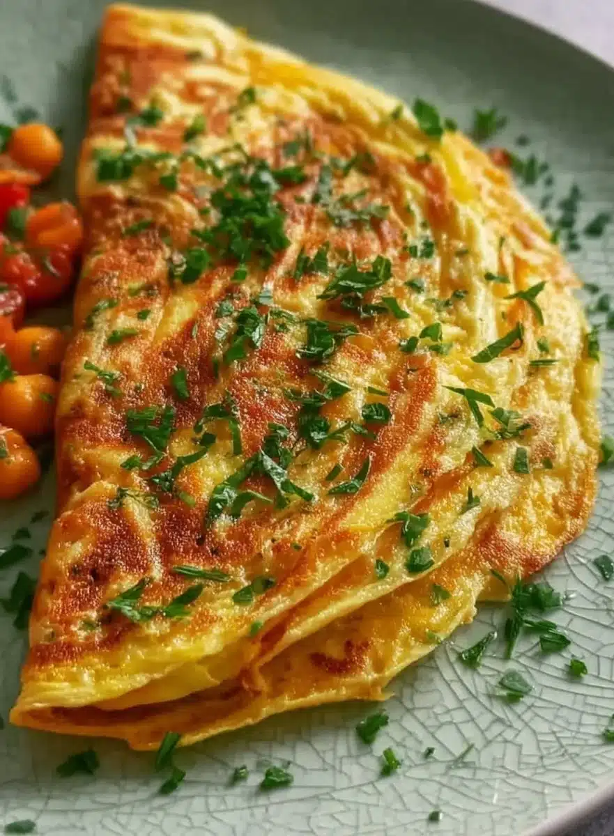 Vegan chickpea omelette served with vegetables on a plate