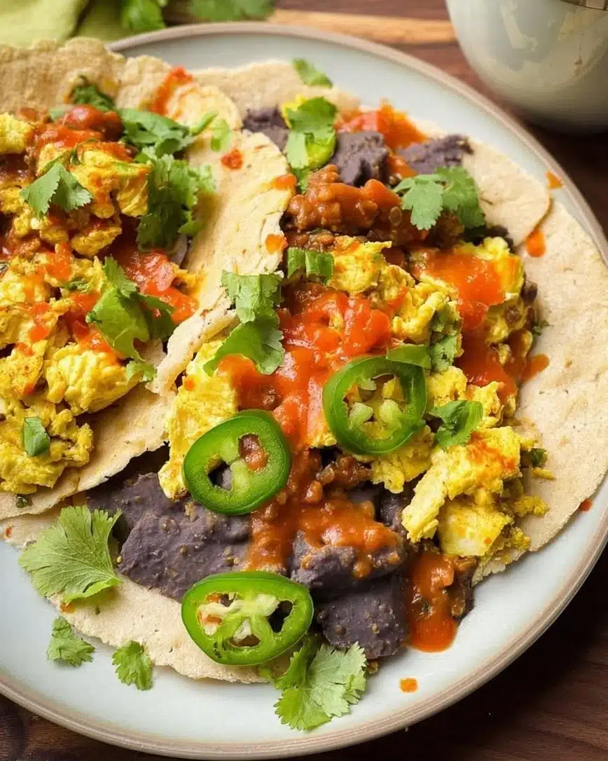 Plate of Vegan Ranch-Style Eggs with fresh vegetables and herbs