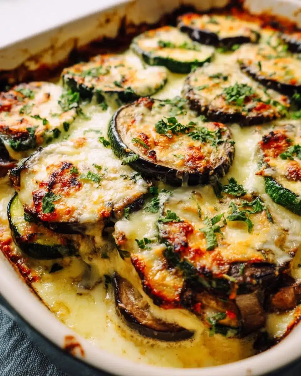 A serving of delicious Vegetable Moussaka with layers of vegetables and béchamel sauce.