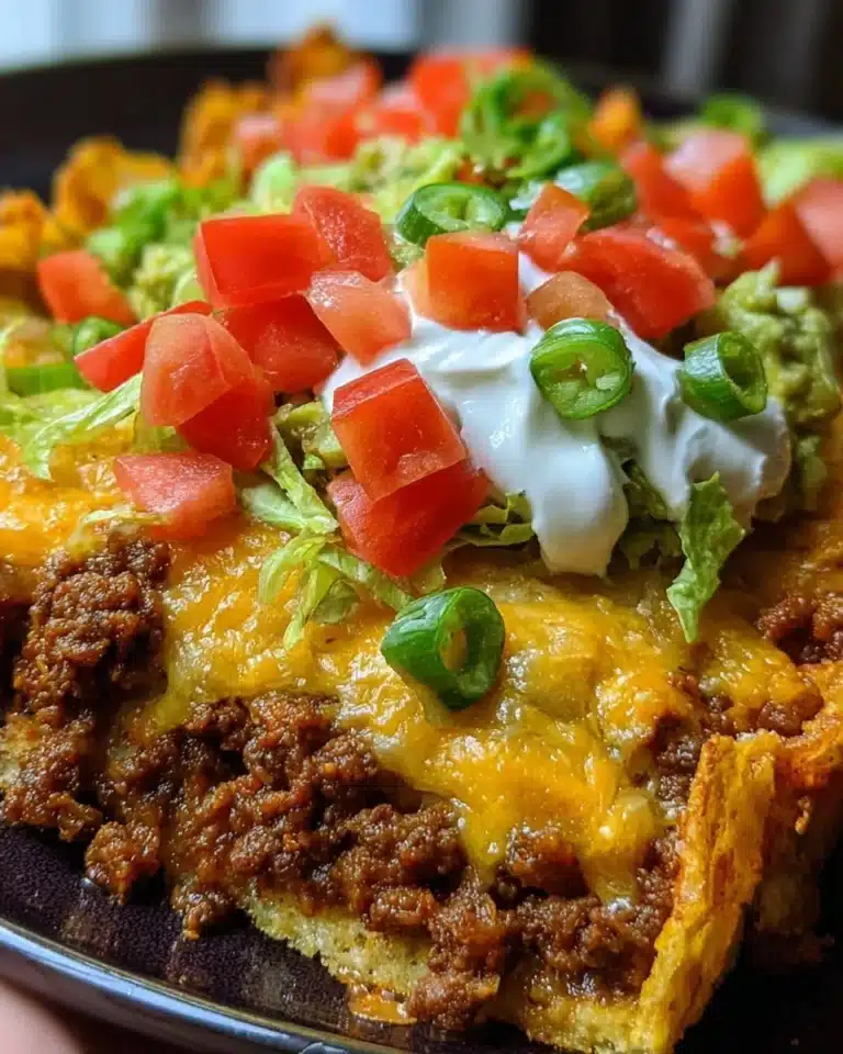 Delicious Walking Taco Casserole topped with cheese and tortillas
