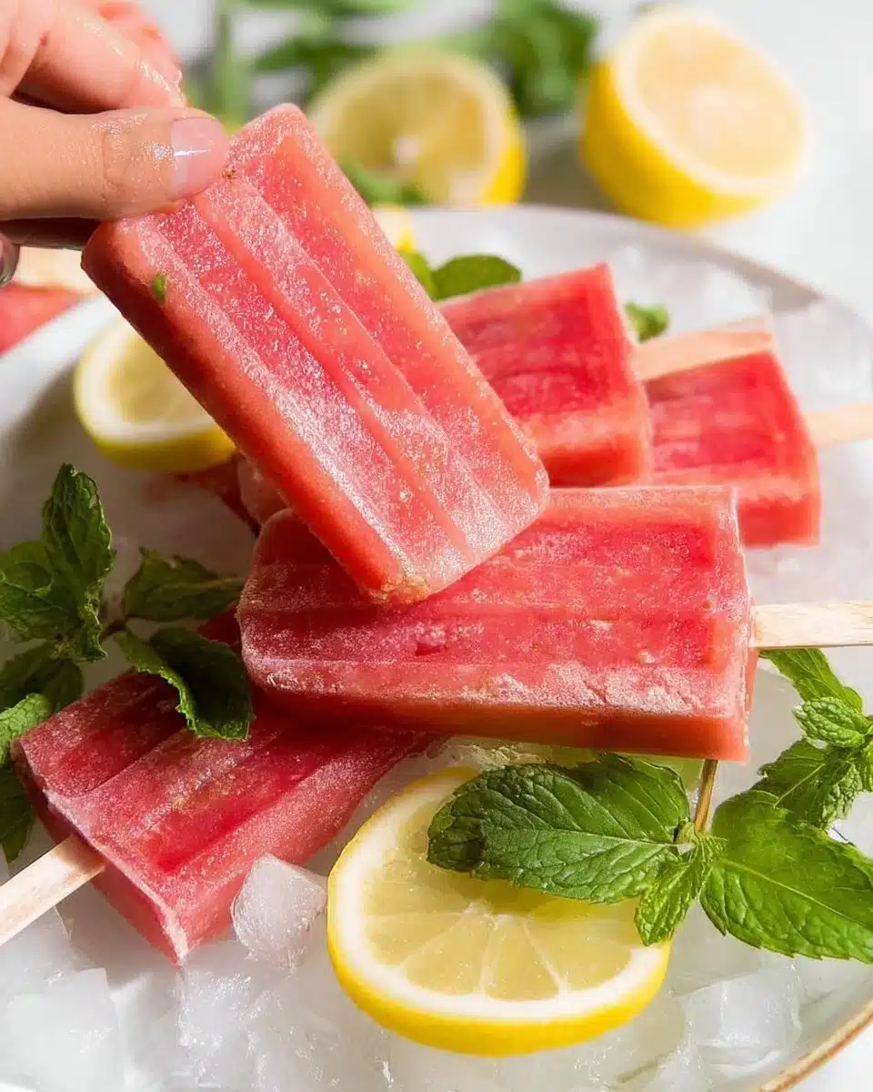 Delicious watermelon lemon mint popsicles served on a wooden stick