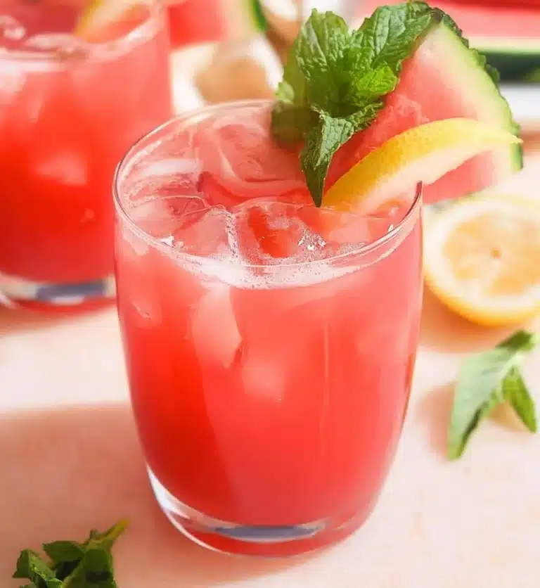 Refreshing watermelon lemonade in a glass with mint leaves and lemon slices