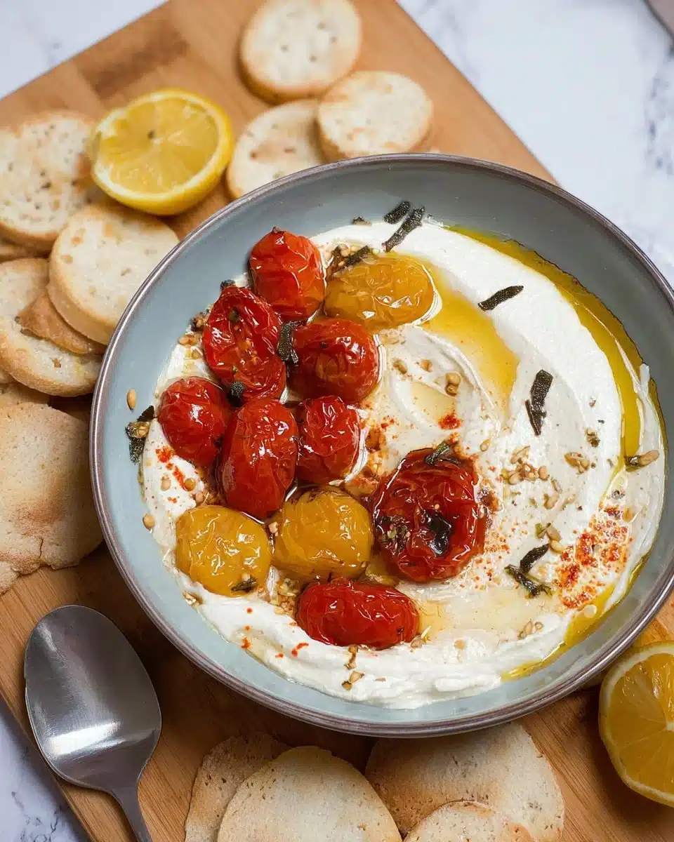 Whipped feta dip topped with roasted tomatoes in a serving bowl.