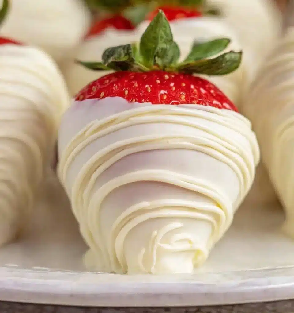 Delicious white chocolate covered strawberries arranged on a plate.