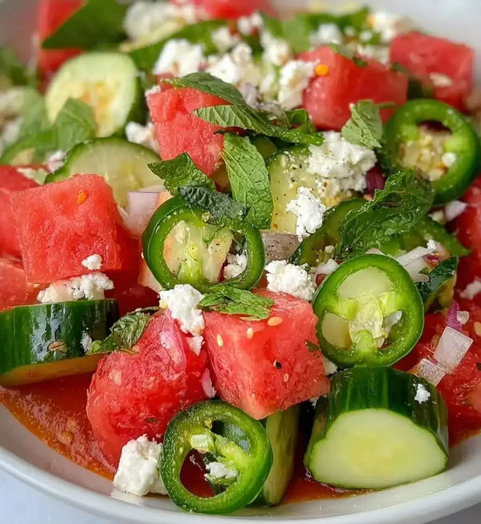 Zesty Watermelon Cucumber Salad with Tajin seasoning served in a bowl