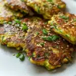 Zucchini fritters garnished with toasted sesame seeds on a plate