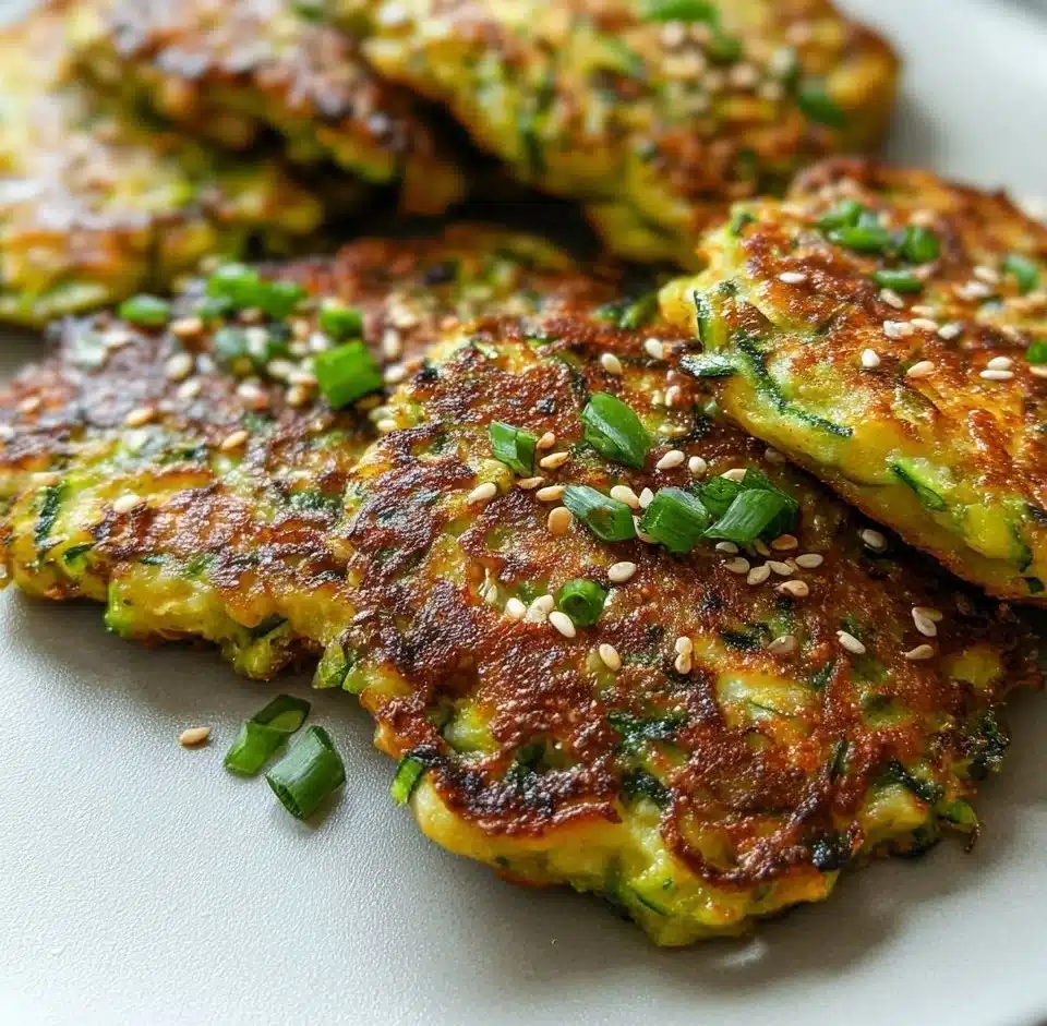 Zucchini fritters garnished with toasted sesame seeds on a plate