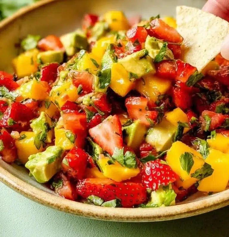 Bowl of Avocado Strawberry Mango Salsa with fresh ingredients