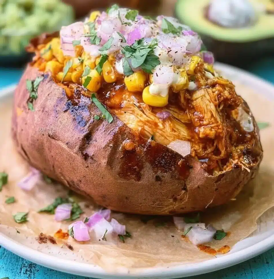 BBQ chicken stuffed in baked sweet potatoes with toppings